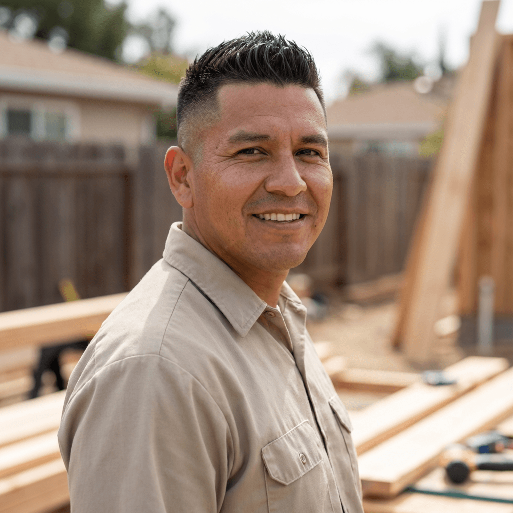 Male homeowner in his mid 30s looking at his roof from the yard