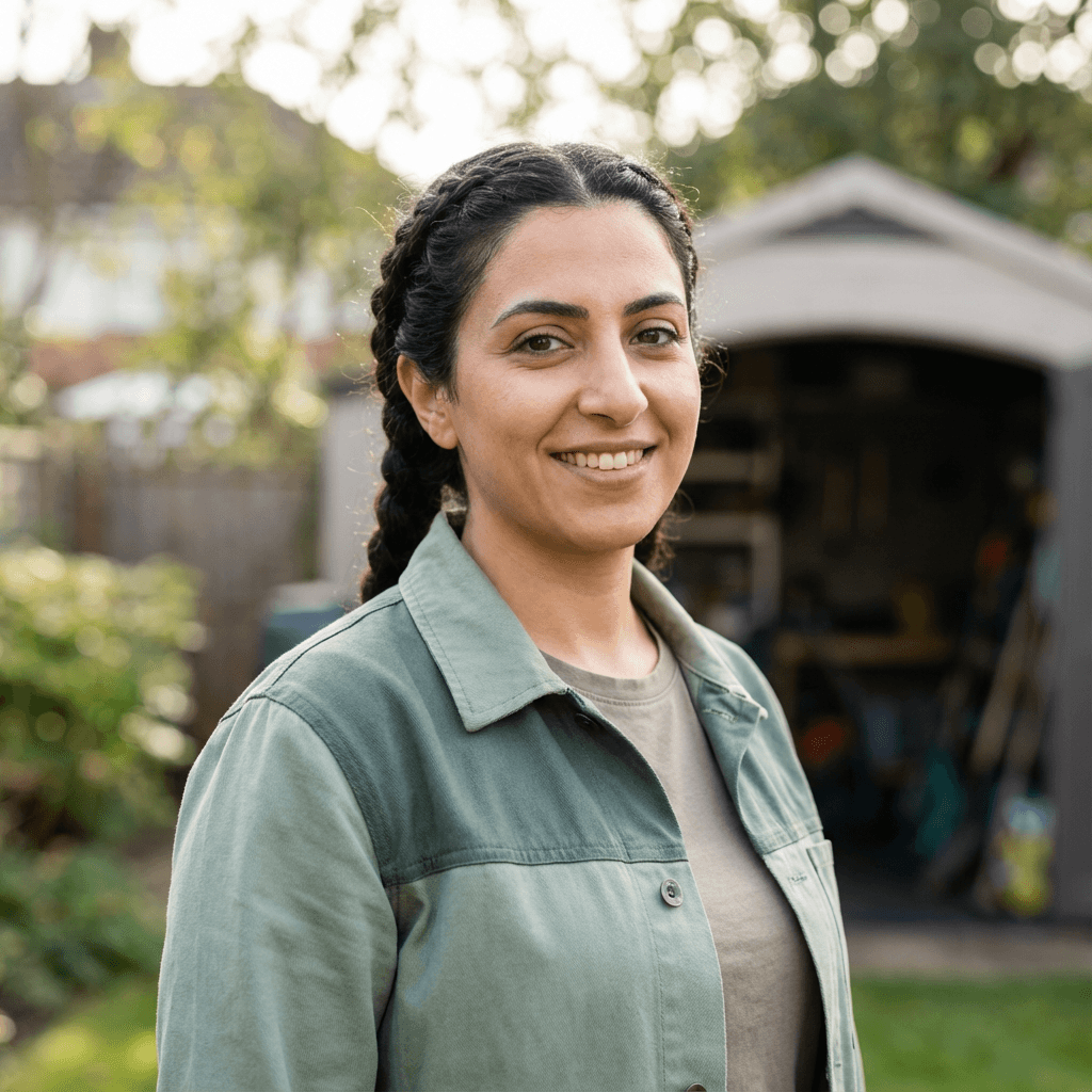 Linda Garcia, homeowner in Denison, smiling in her backyard