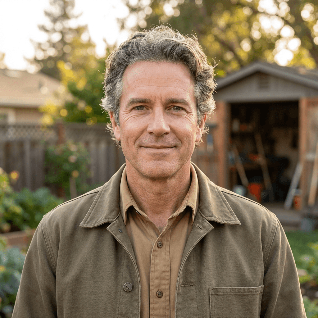 Robert Landry in a collared shirt at his kitchen table