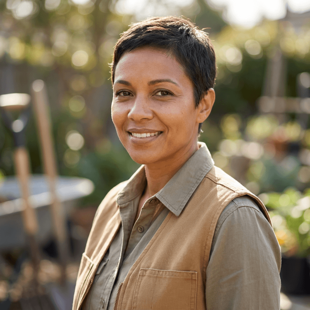 Female homeowner smiling in front of a home with new siding and gutters