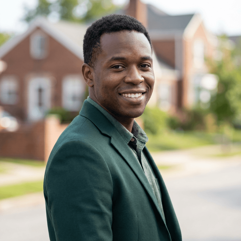 Kevin Okafor standing in front of his suburban home