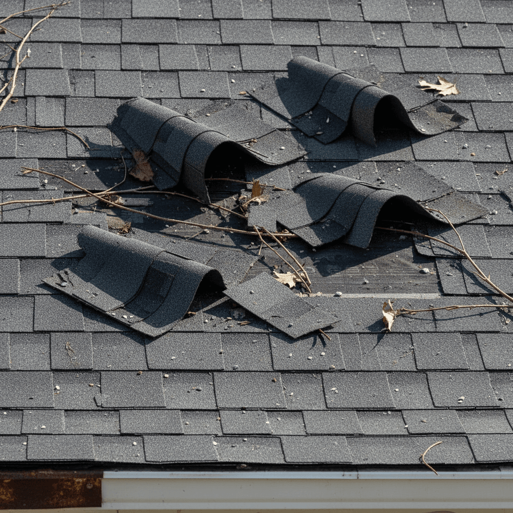 Close-up of wind-damaged roof shingles