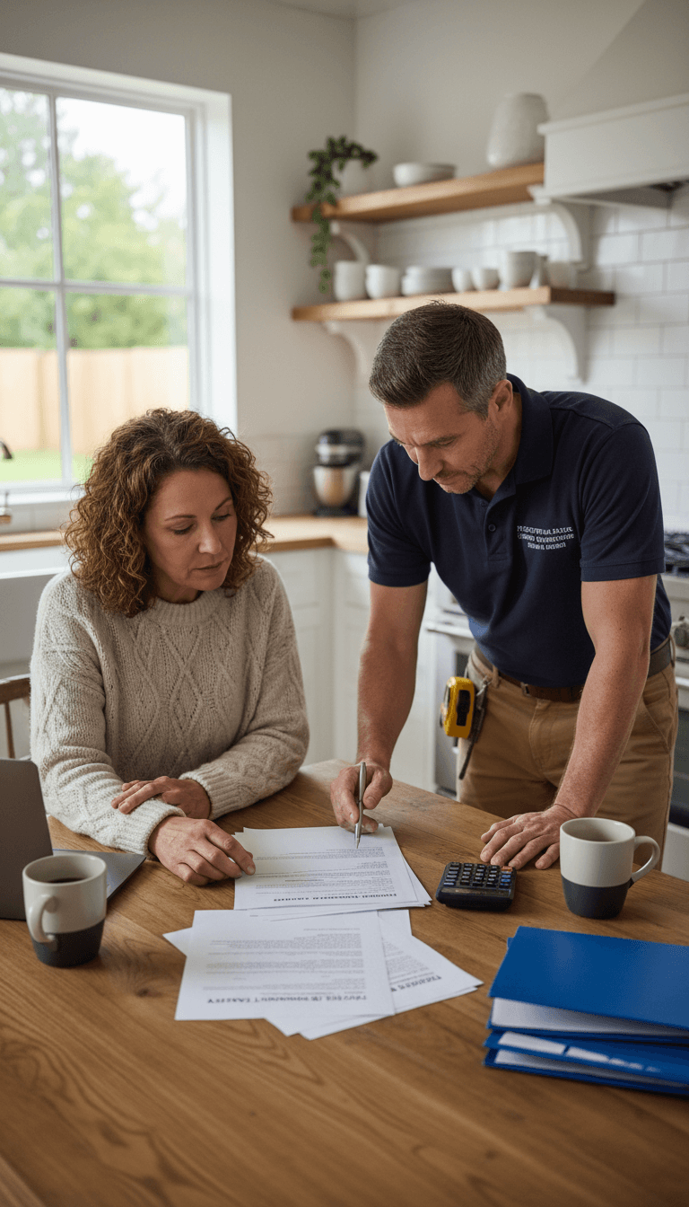 Homeowner reviewing financing paperwork with a contractor
