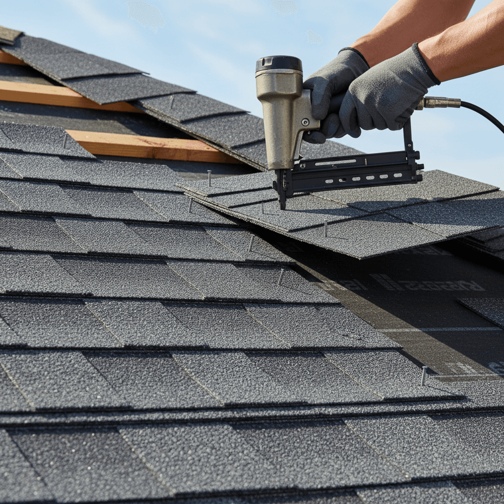 Close-up of new roofing shingles being installed on a house