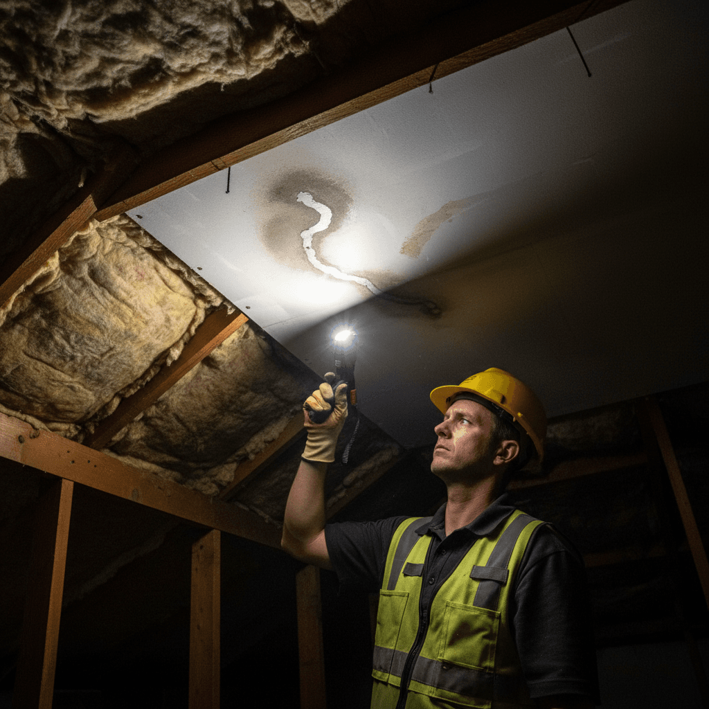 Roofer inspecting a leak stain in an attic with a flashlight