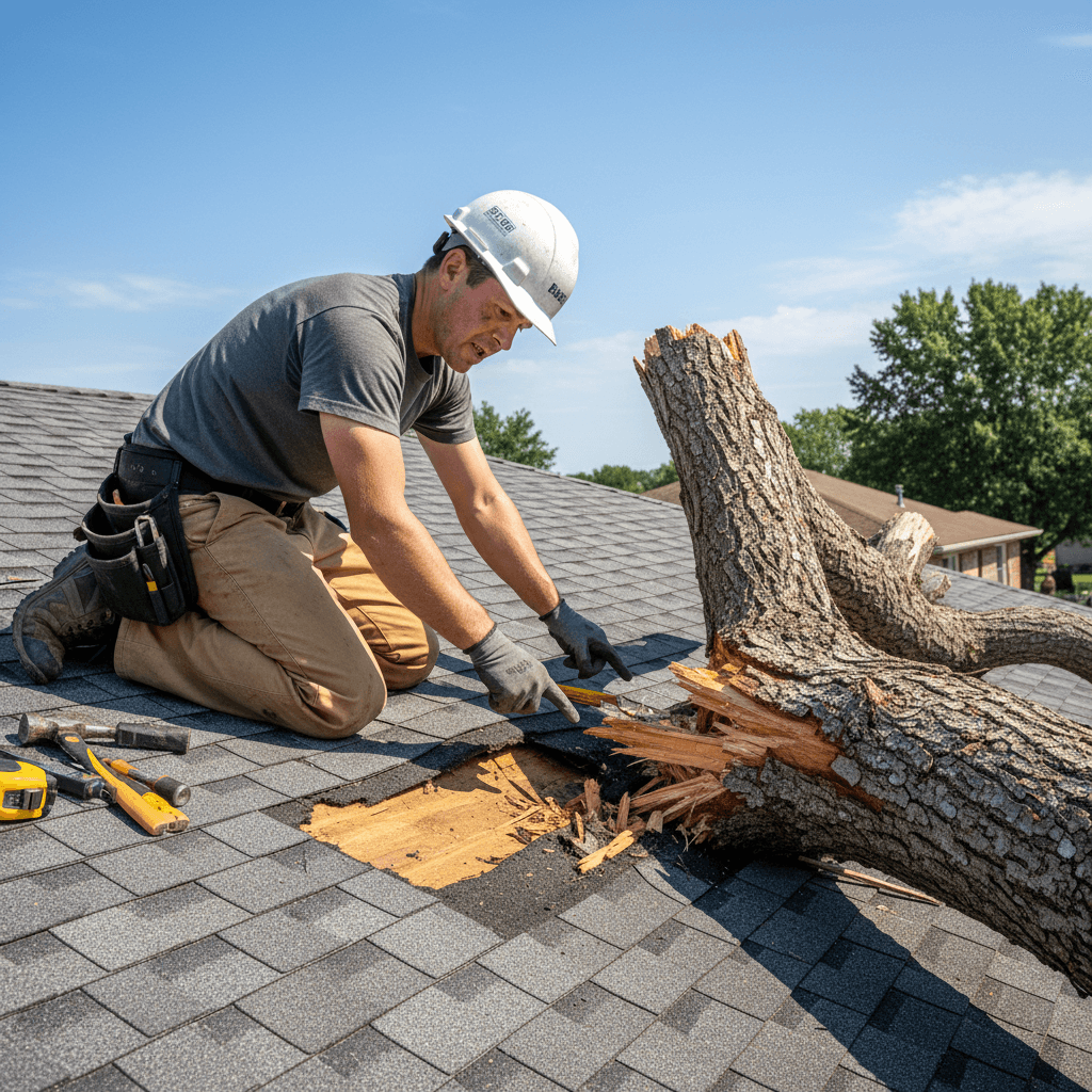 Roofing inspector examining a puncture from a fallen tree branch