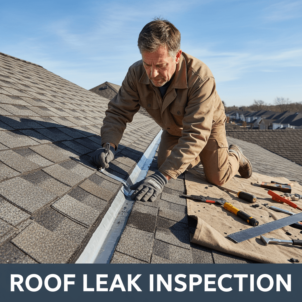 Experienced roofer examining roof valley and flashing for leaks
