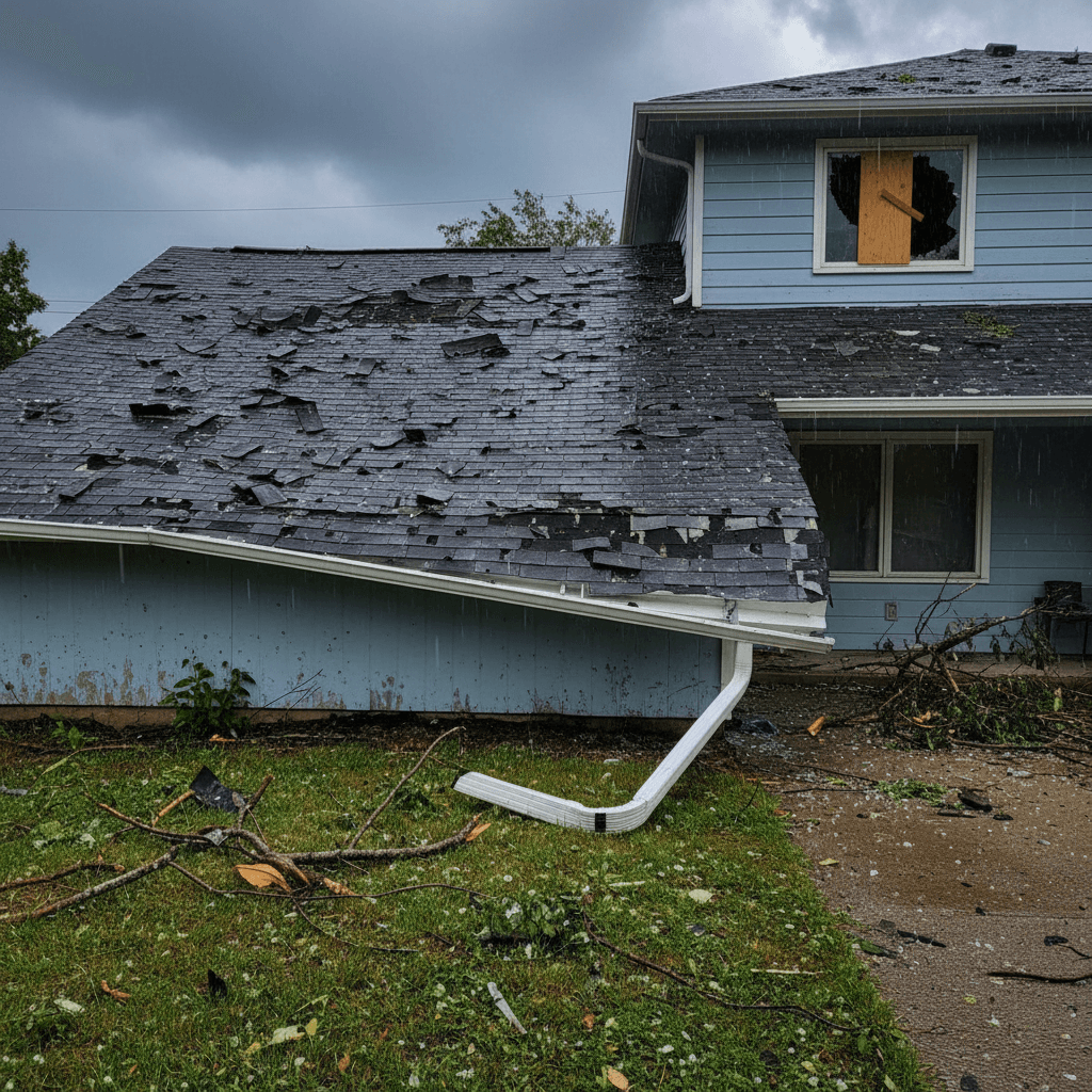 house roof and gutters showing storm damage after hail
