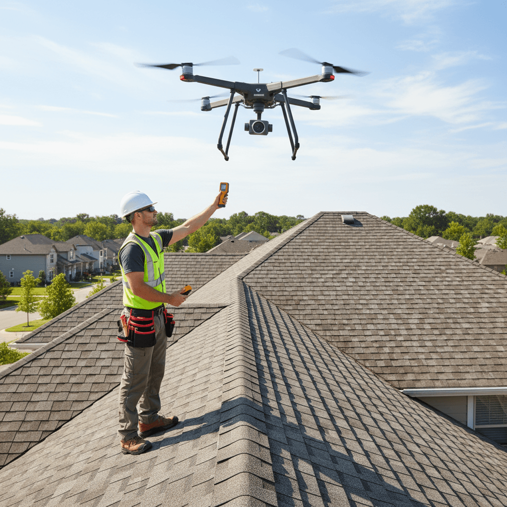 roofer using drone for roof inspection