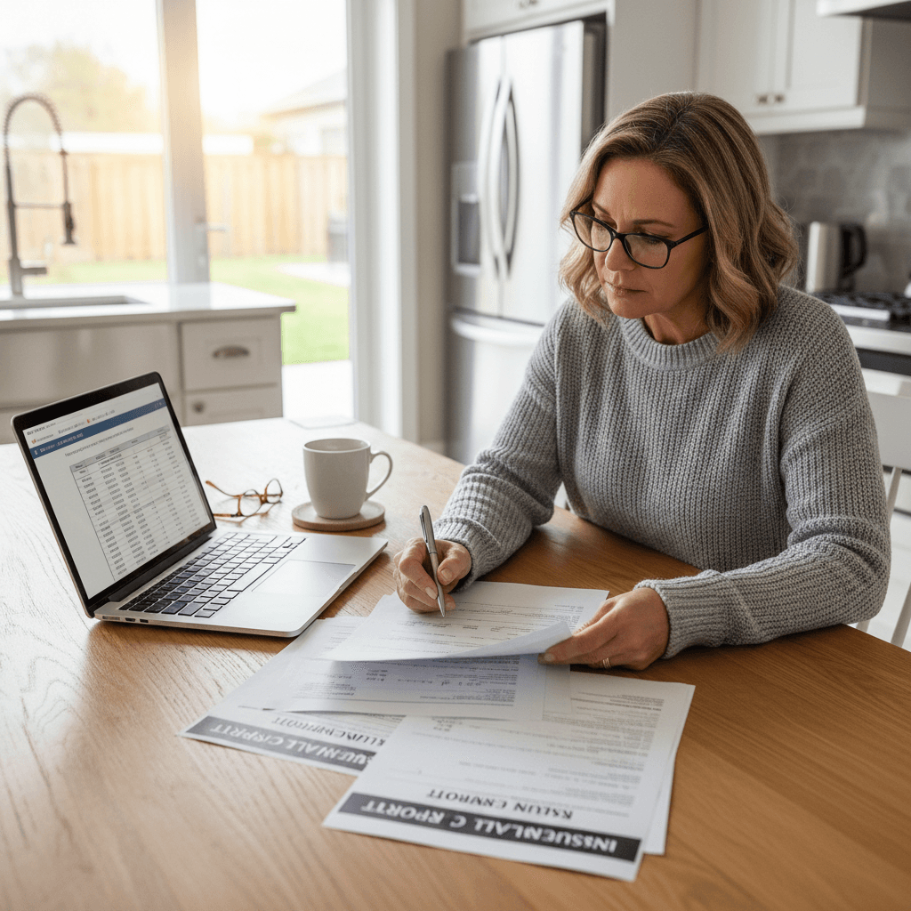 Homeowner reviewing insurance claim photos on a laptop at home
