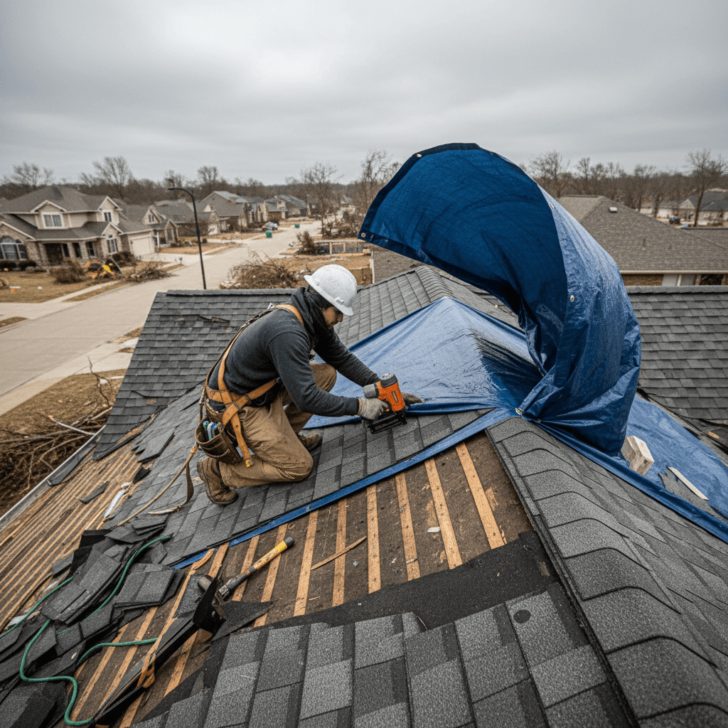 Worker repairing storm-damaged shingles
