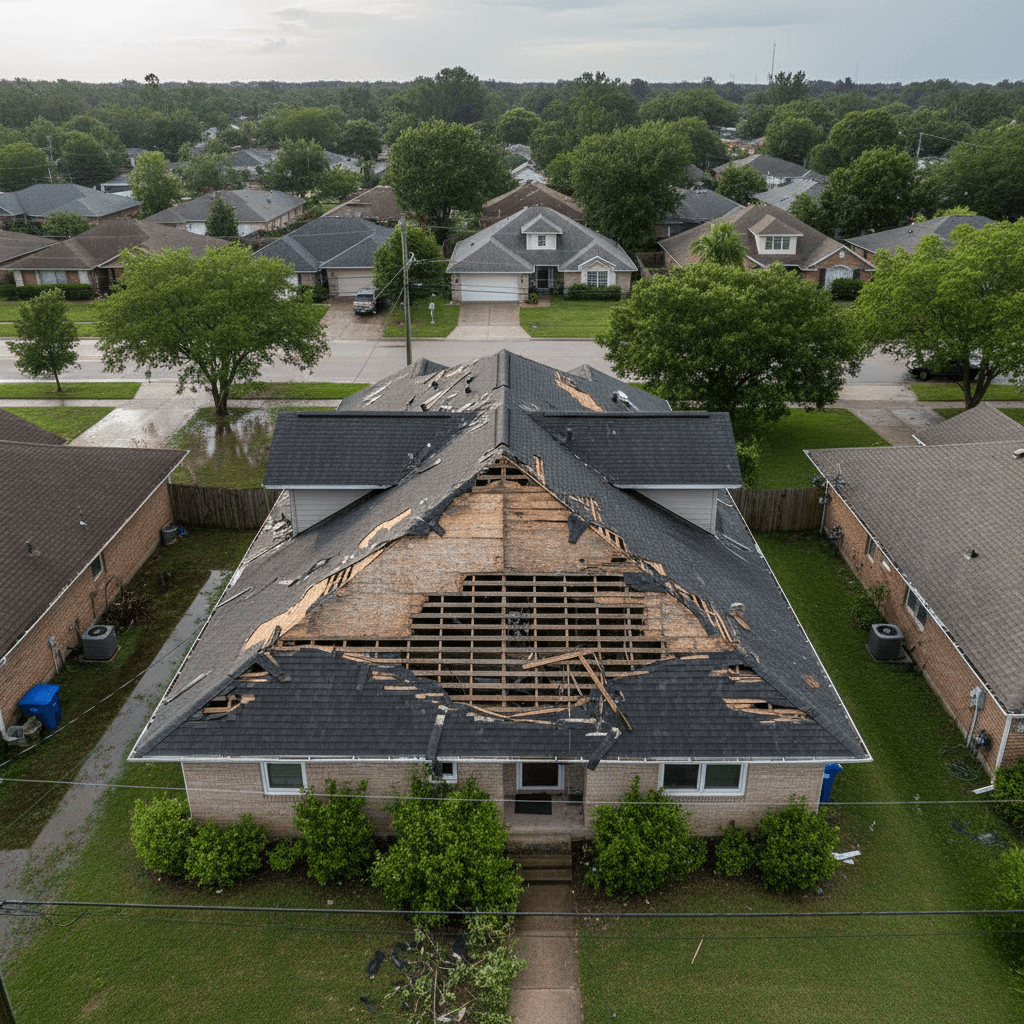 Aerial view of storm-damaged roof