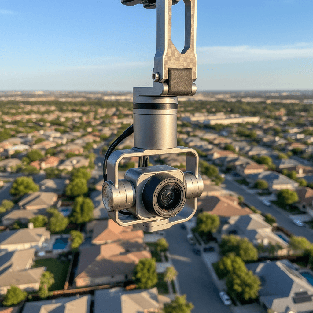 Close-up of a drone camera gimbal in a residential neighborhood