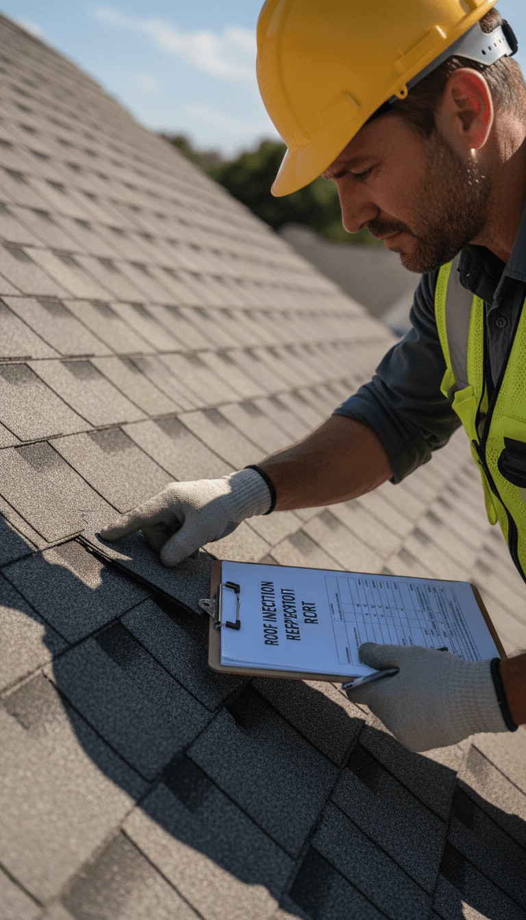 Inspector reviewing roof damage details on a clipboard