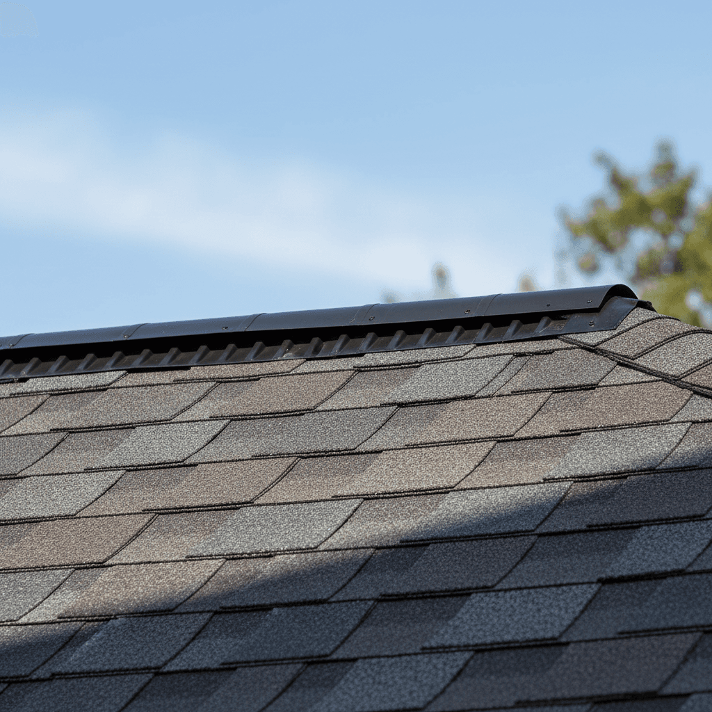 Newly installed roof ridge vent and shingles detail