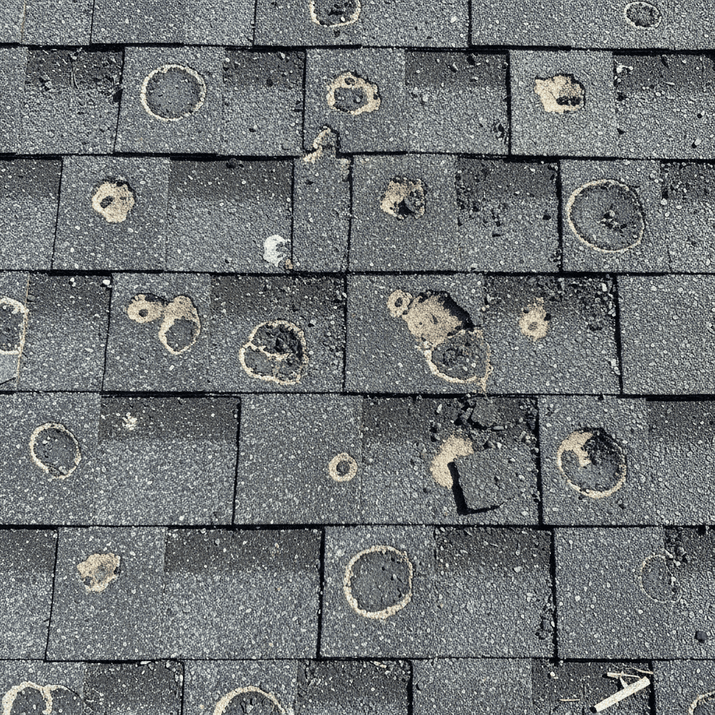 close up of hail damaged asphalt shingles
