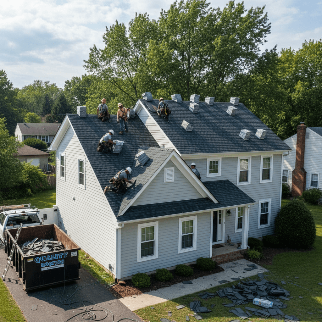 New asphalt shingle roof being installed on a suburban home