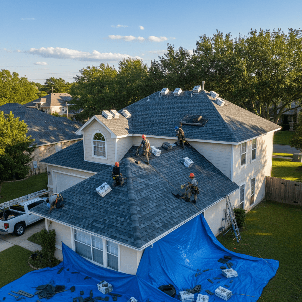 New architectural shingle roof on a suburban home