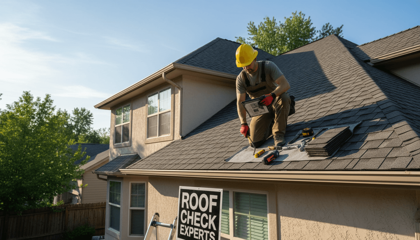 Roofing contractor inspecting asphalt shingle roof on residential home