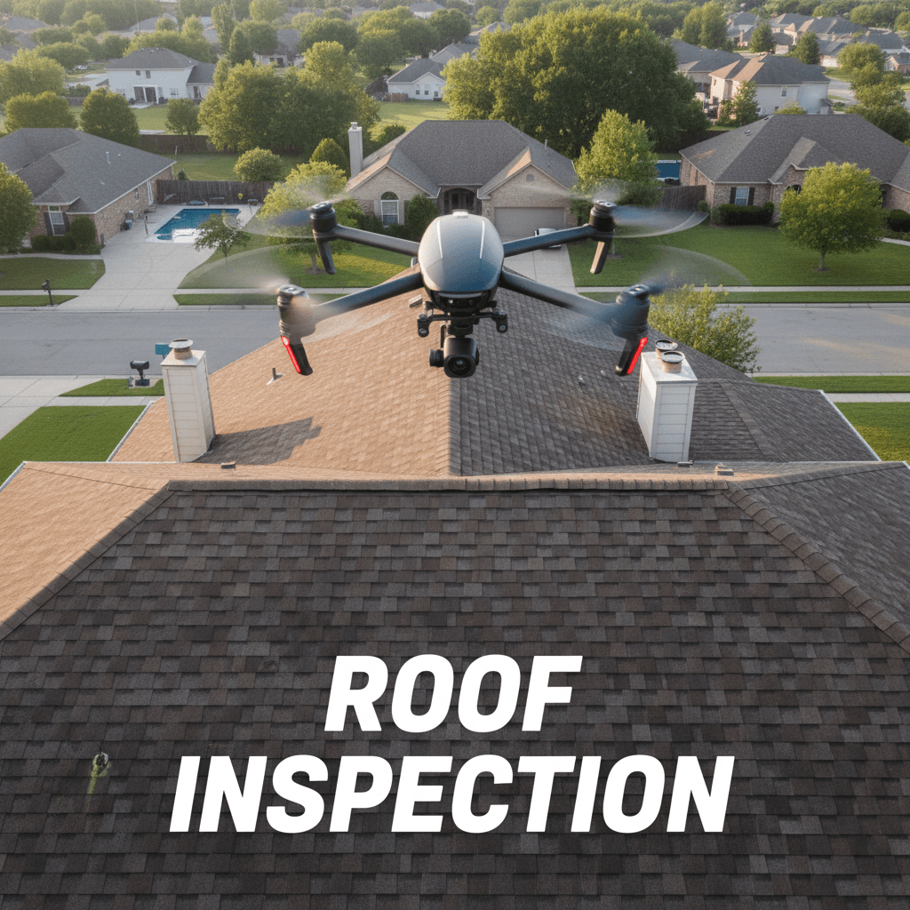 Drone hovering above a home roof for inspection