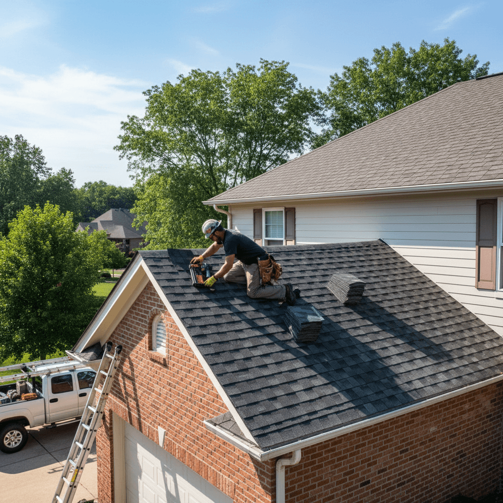 Roofer installing asphalt shingles on a residential roof
