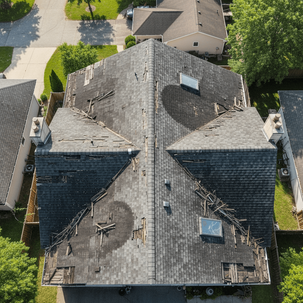 Close-up aerial view of roof shingles with damage