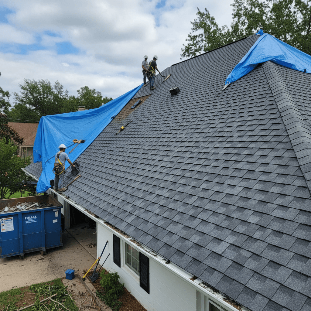 Close-up of new asphalt shingles on a repaired roof