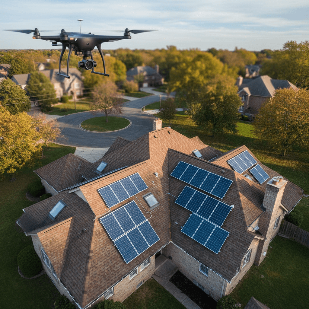 Drone hovering over a home roof for inspection