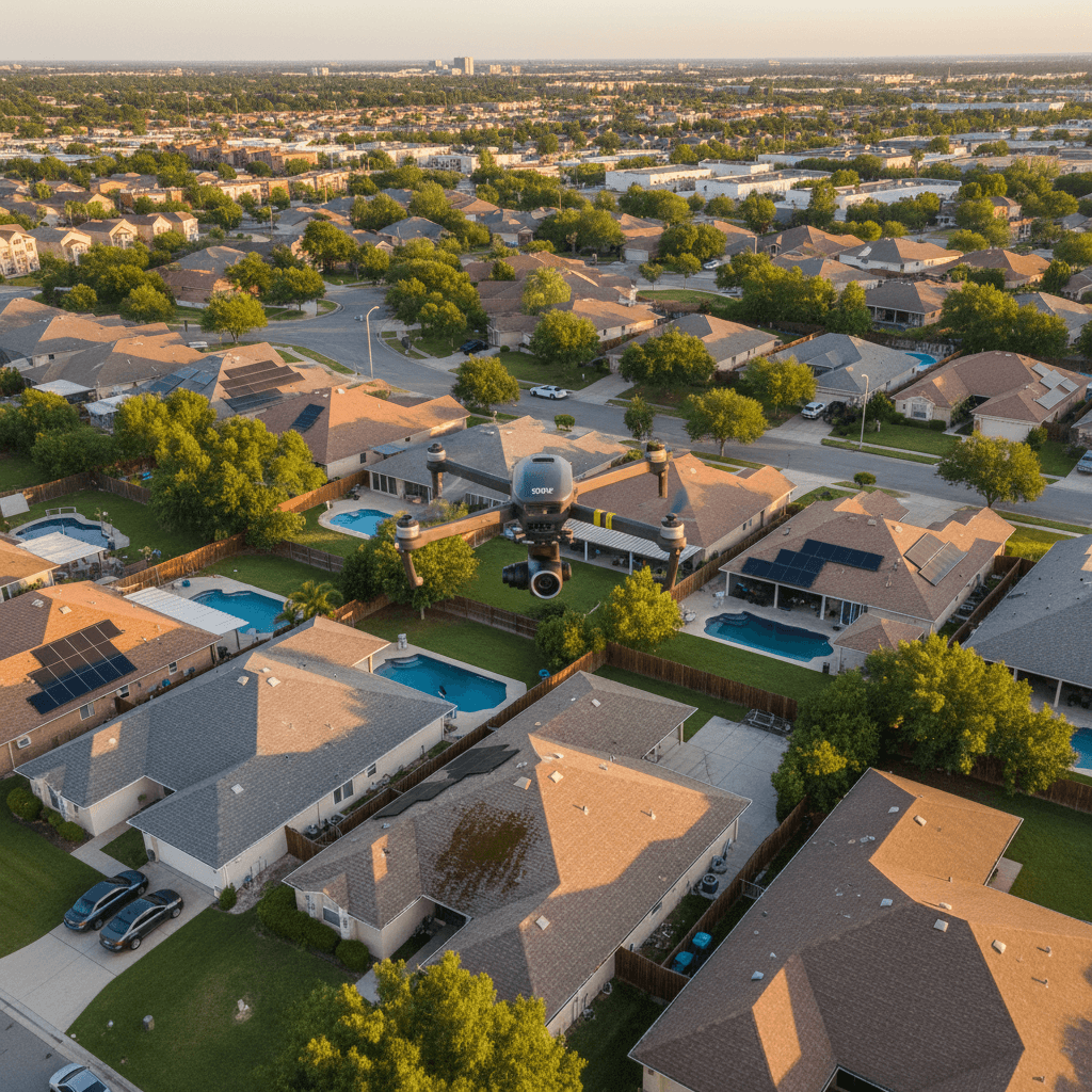 Drone flying over suburban homes for a roof inspection