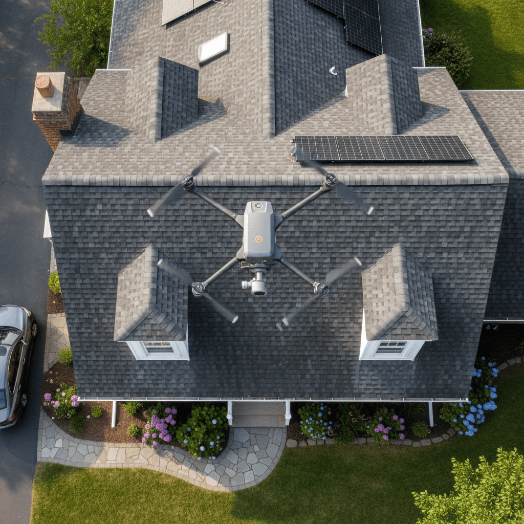 Drone hovering above a house roof for inspection
