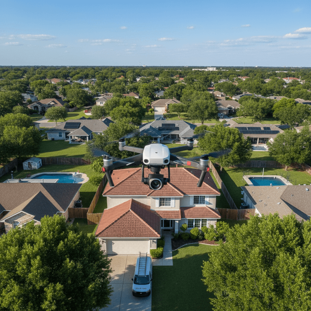 Drone hovering above a suburban house roof for a roof inspection