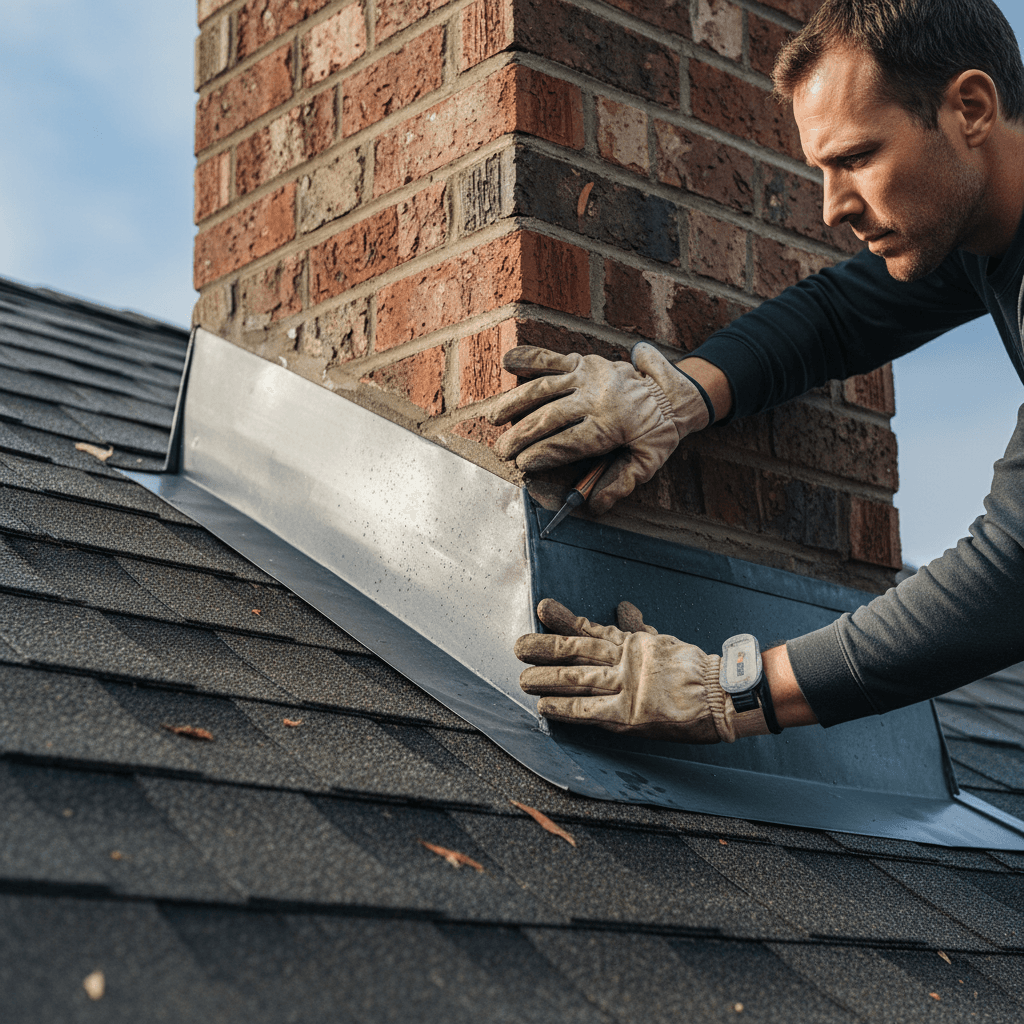 Damaged flashing around a chimney, a common leak point