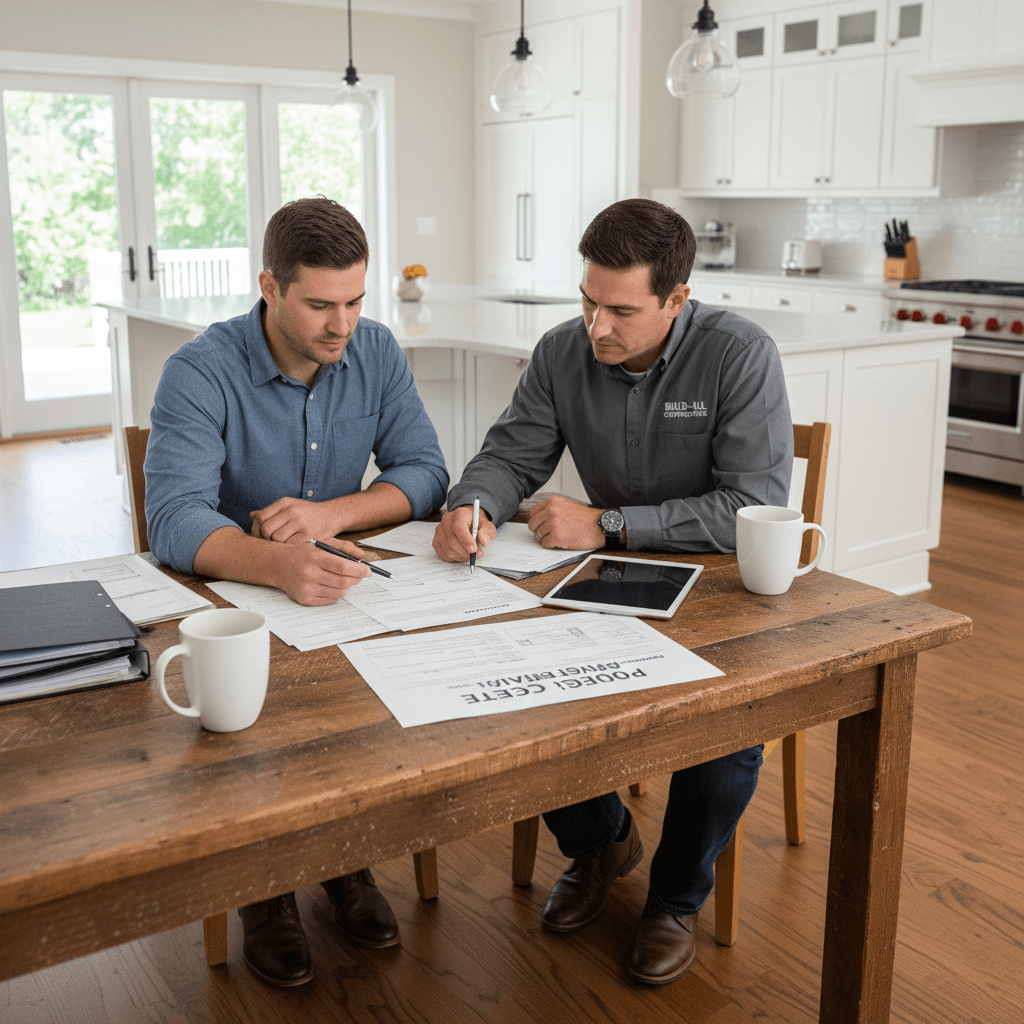 Contractor reviewing financing paperwork with homeowner