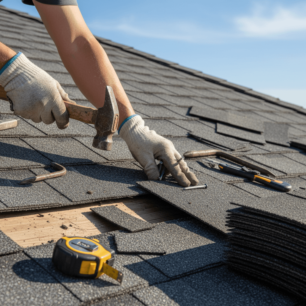 Close-up of a roofer repairing shingles on a house roof with hand tools