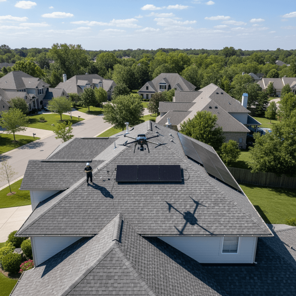 Drone flying over a residential roof for inspection
