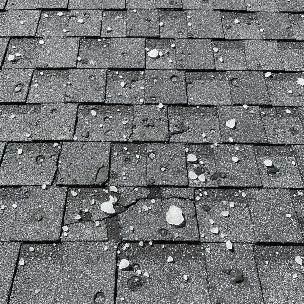 Close-up of roof shingles with hail damage