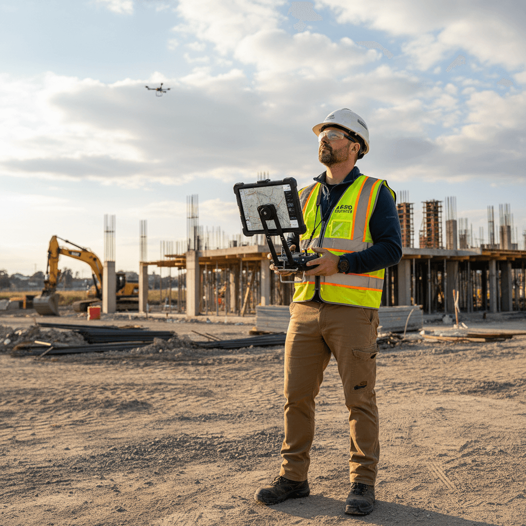 Drone pilot operating a drone with a tablet on a residential street