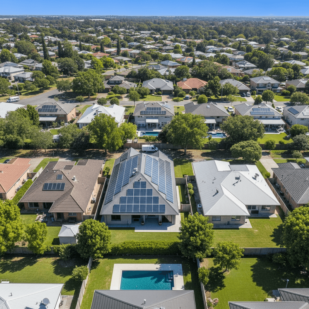 Drone view of a residential roof in a Gainesville neighborhood