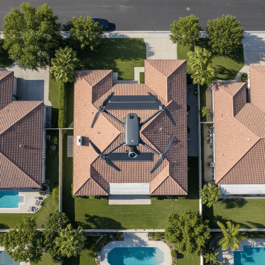 Drone hovering above a residential roof to perform an inspection