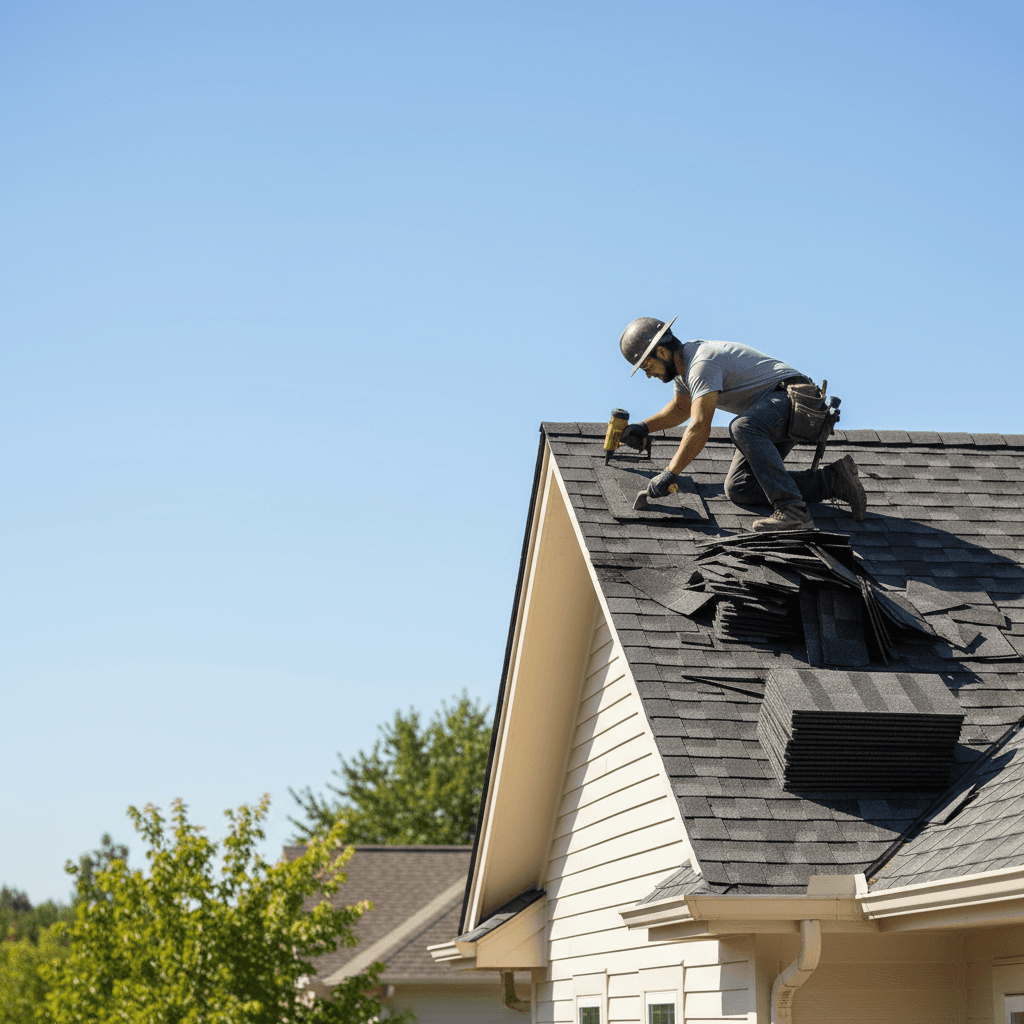 Roofer replacing asphalt shingles on a suburban home