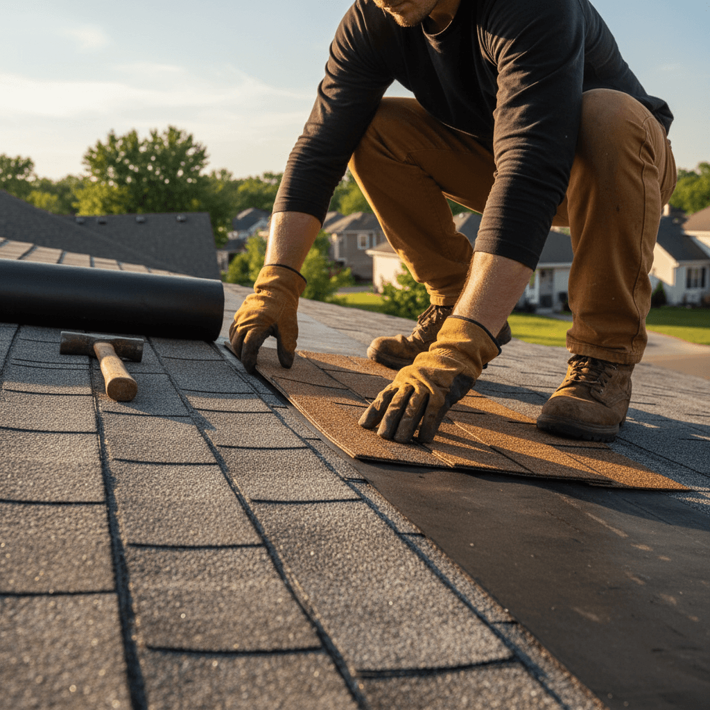 Roofer installing a new shingle on a residential roof in Sherman, Texas