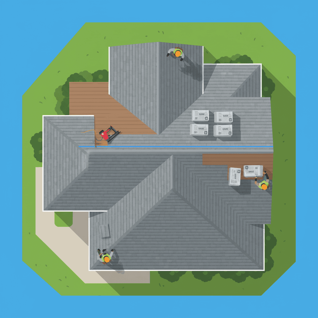 Aerial view of roofing materials and tools laid out on a roof deck