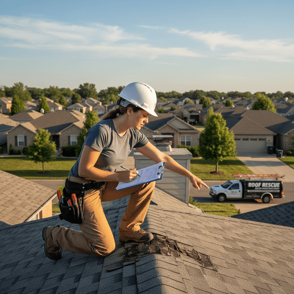 Roofing contractor inspecting roof damage in residential neighborhood