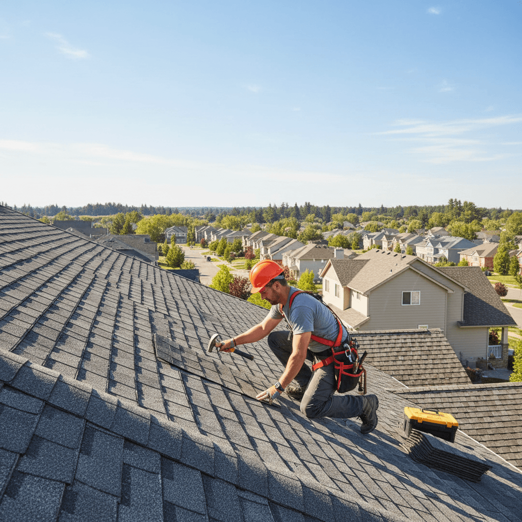 Professional roofer repairing shingles on a residential roof