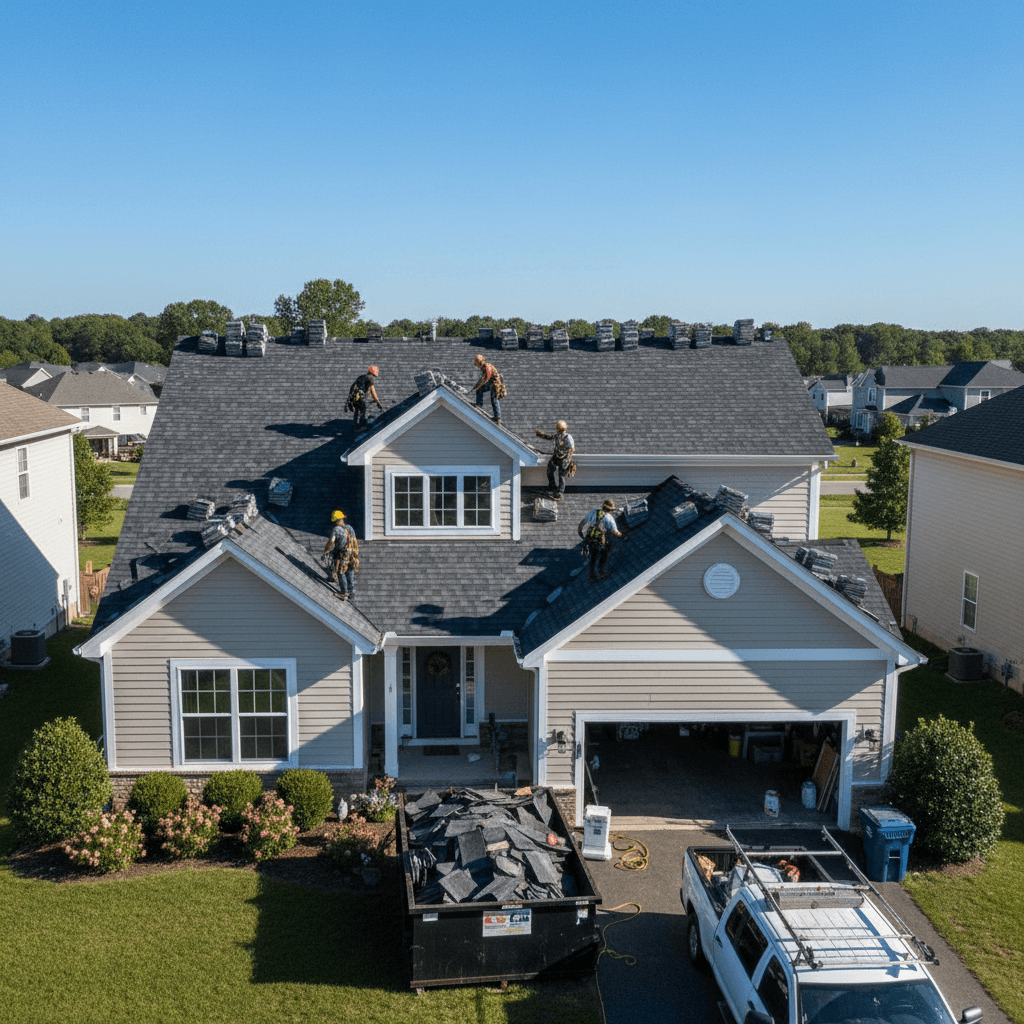 Brand new shingle roof installed on a suburban home