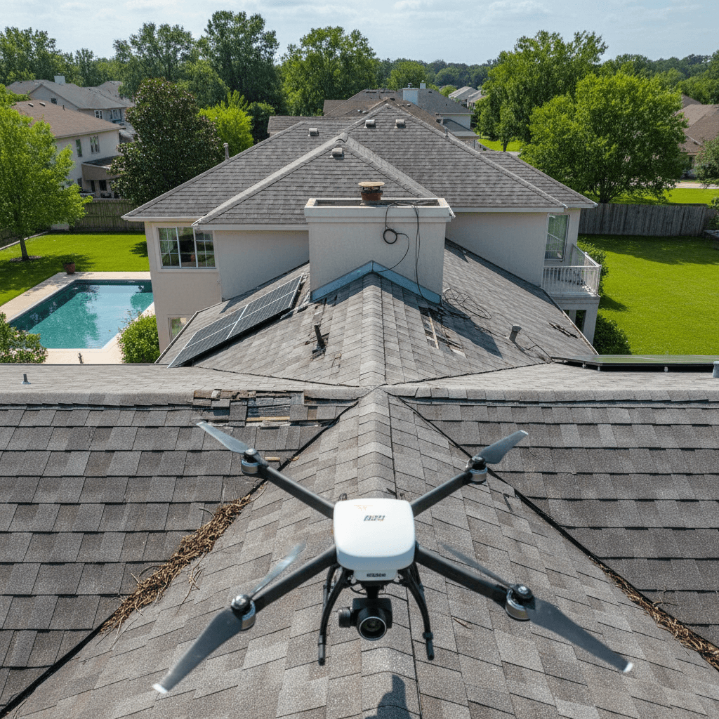 Drone flying over house roof for inspection
