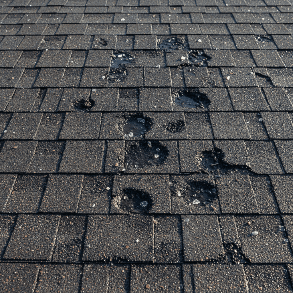 Close up of hail damaged roof shingles on a Gainesville home