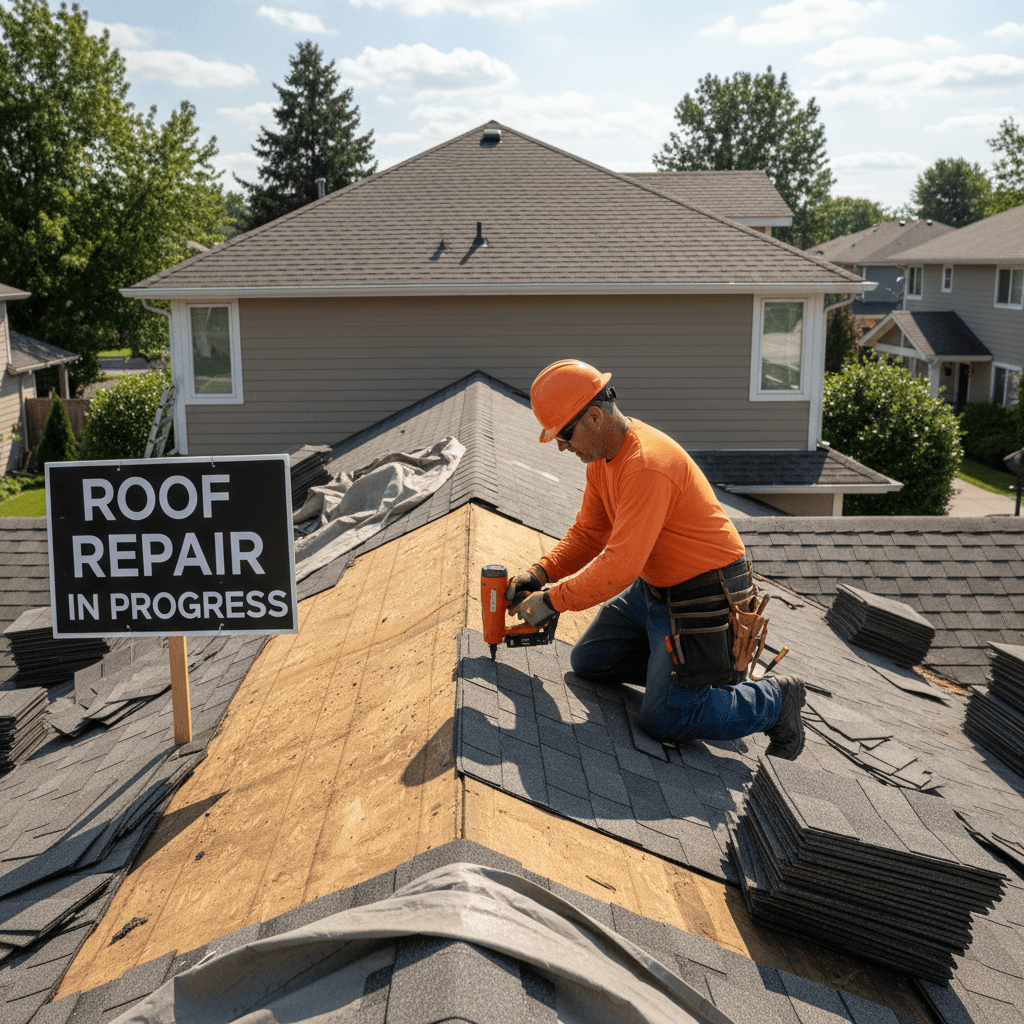 Roofer repairing shingles on a residential roof