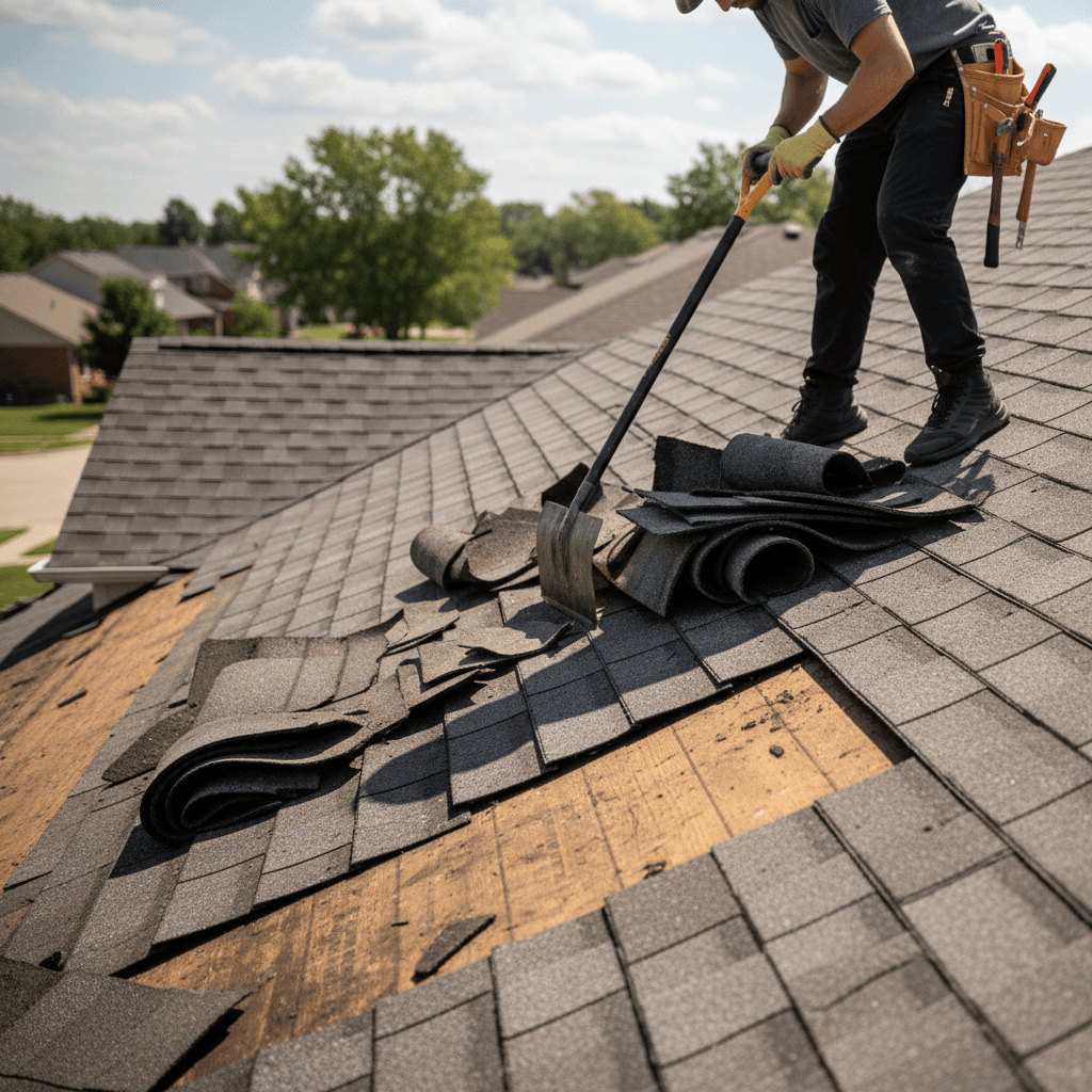 Roofer removing damaged shingles from a roof slope for replacement