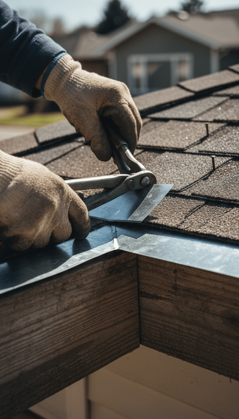 Roofer installing metal flashing along a roof edge